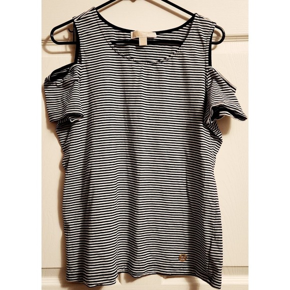 Michael Kors Short Sleeve Cold Shoulder Black White Striped Size L - Picture 1 of 5